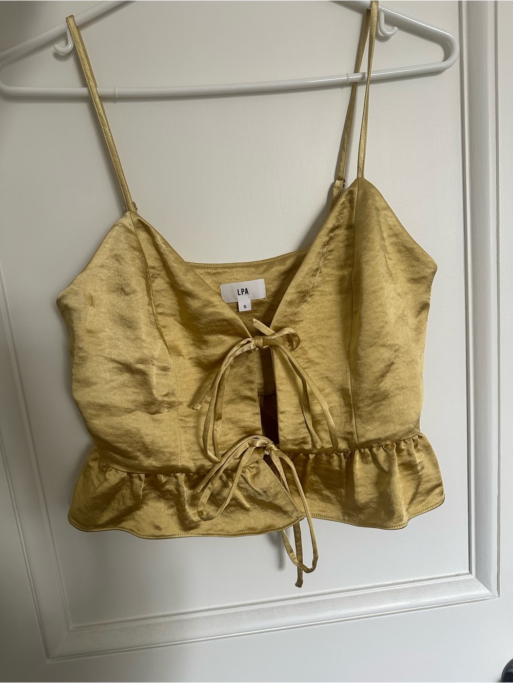 LPA Satin Tie-Front Ruffle Crop Top in Mustard